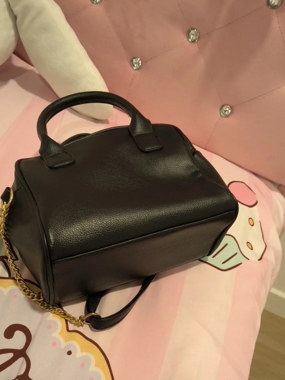 Black Quilted Crossbody Bag with Pink Bow